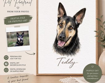 Custom Pet Art Portraits Using Photo, Personalized Watercolor Dog Cat Portrait, Memorial Digital Painting
