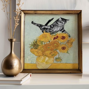 Stampa quadrata con gatto, Van Gogh, girasoli, natura morta, poster regalo divertente, arte murale, stampa di pittura alterata, decorazione da parete, stampa floreale, poster vintage con gatto.