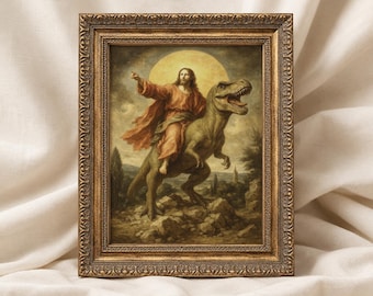 Jesus Riding Dinosaur Print: Surreal Whimsical Religious Wall Art