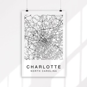 Impression de carte de Charlotte, carte de Charlotte, téléchargement immédiat, art mural, plan de la ville, carte des rues, art déco, carte de la Caroline du Nord, impression d'art carte, imprimable