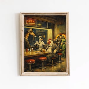 Nighthawks Diner parodie print, grappige dieren buitenaardse kunst aan de muur, vintage bar decor poster
