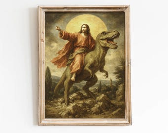 Jesus Riding Dinosaur Print: Surreal Whimsical Religious Wall Art