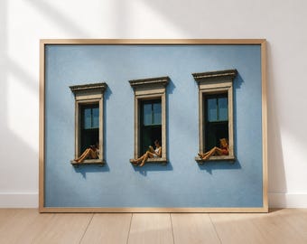 Woman Reading Window Print, Soft Blue Reading Nook Wall Art, Minimalist Book Lover Decor