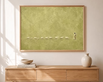 Jesus & Sheep Wall Art, Minimalist Christian Prints, Pastoral Abstract Landscape in Soft Green for Church Decor