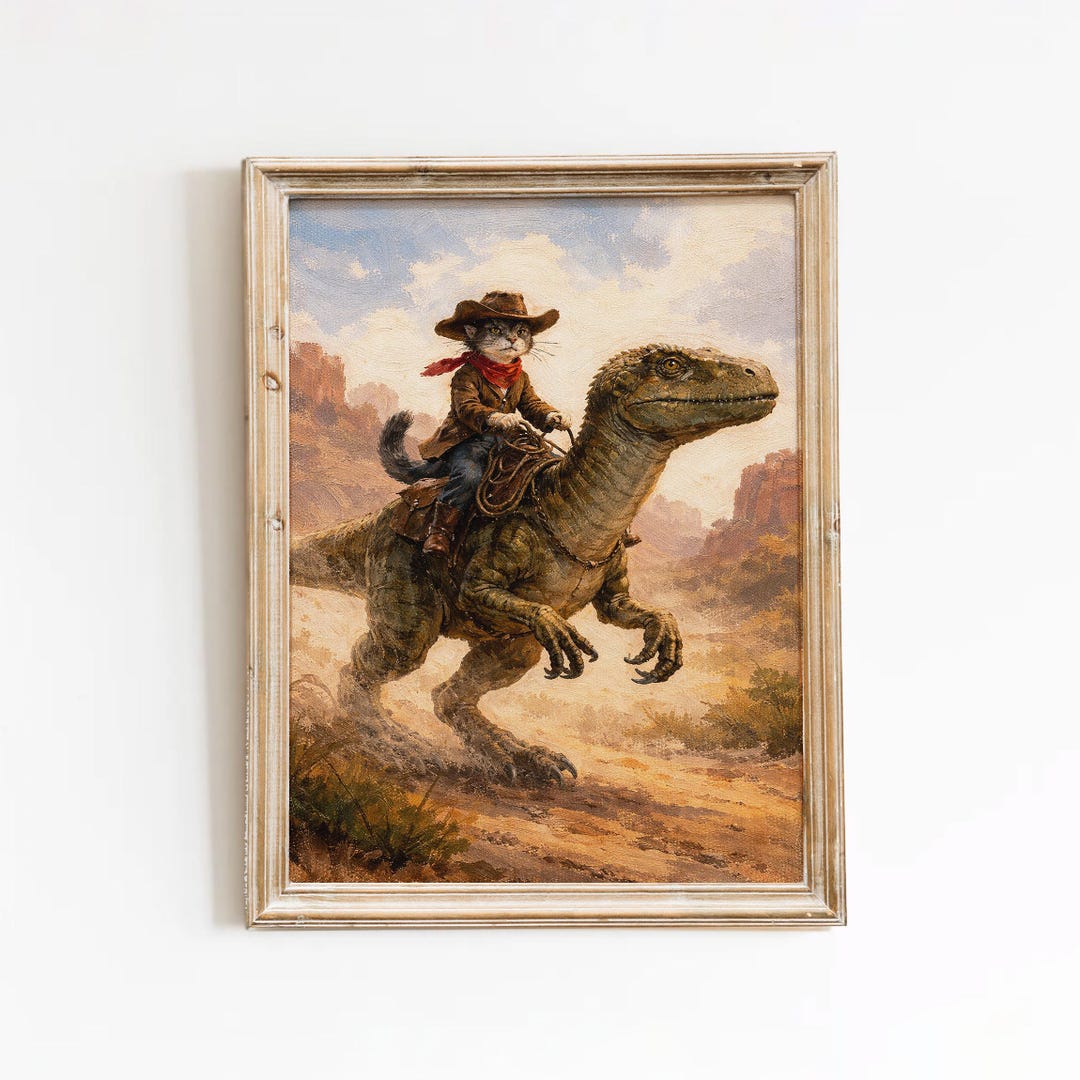 Cowboy Cat Riding Dinosaur Print – Western T-rex Desert Wall Art - Etsy
