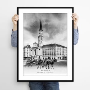 Póster de viaje de Viena, Austria, decoración de pared imprimible con coordenadas en blanco y negro, obra de arte de Viena, póster de viaje a Europa, impresión de Viena
