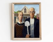 Funny American Gothic Bathroom Art Print, Parody Toilet Poster, Quirky Restroom Wall Decor Gift