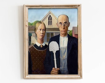 Funny American Gothic Bathroom Art Print, Parody Toilet Poster, Quirky Restroom Wall Decor Gift
