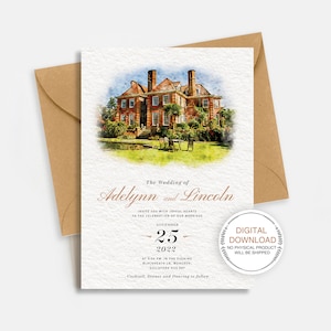 Invitación de boda personalizada Acuarela Lugar Pintura, Tarjeta de boda, Retrato personalizado del lugar de la boda, Retrato de la iglesia de la boda, Plantillas de boda