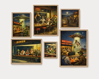 UFO Diner Gallery Wall Set of 6 Prints, Alien Wall Art, Retro Sci Fi Decor, Vintage Diner Posters, Mid Century Wall Art, Man Cave Decor