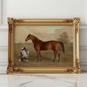Arte alterata, dipinto di cavallo d'epoca, stampa equestre antica, arredamento rustico, pittura a olio di animali, belle arti rustiche, stampa di cavalli divertenti