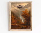 UFO Abduction Autumn Landscape Art Print: Eclectic Altered Vintage Wall Art