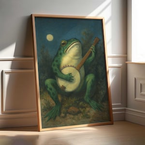 Impression d'art mural grenouille jouant du banjo, peinture musicien animalier fantaisiste, déco grenouille cottage, oeuvre d'art nature surréaliste, art populaire au clair de lune