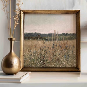 Dipinto ad olio con paesaggio di campo di fiori selvatici, stampa quadrata con paesaggio vintage, stampa quadrata con campo di campagna, stampa e spedizione quadrata 05