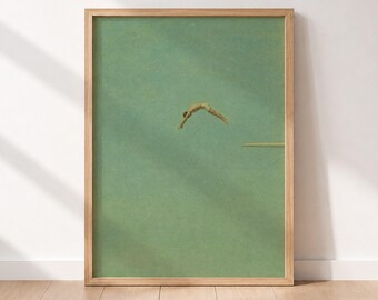 Swimmer Diving Painting, Green Abstract Swimming Art Print, Minimalist Wall Art, Textured Modern Decor