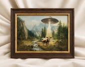 UFO Cow Abduction Art Print, Vintage Poster Sci Fi, Wall Altered Decor