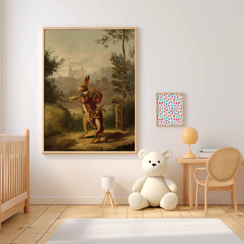 May include: A vintage painting of two brown rabbits walking through a forest. The rabbit in the front is carrying a small bag and a stick. The background shows a castle in the distance.