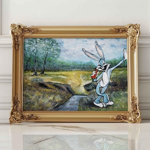 Pintura alterada de paisaje vintage con conejo de dibujos animados, arte reciclado, arte alterado divertido, pintura vintage modificada, arte mural horizontal
