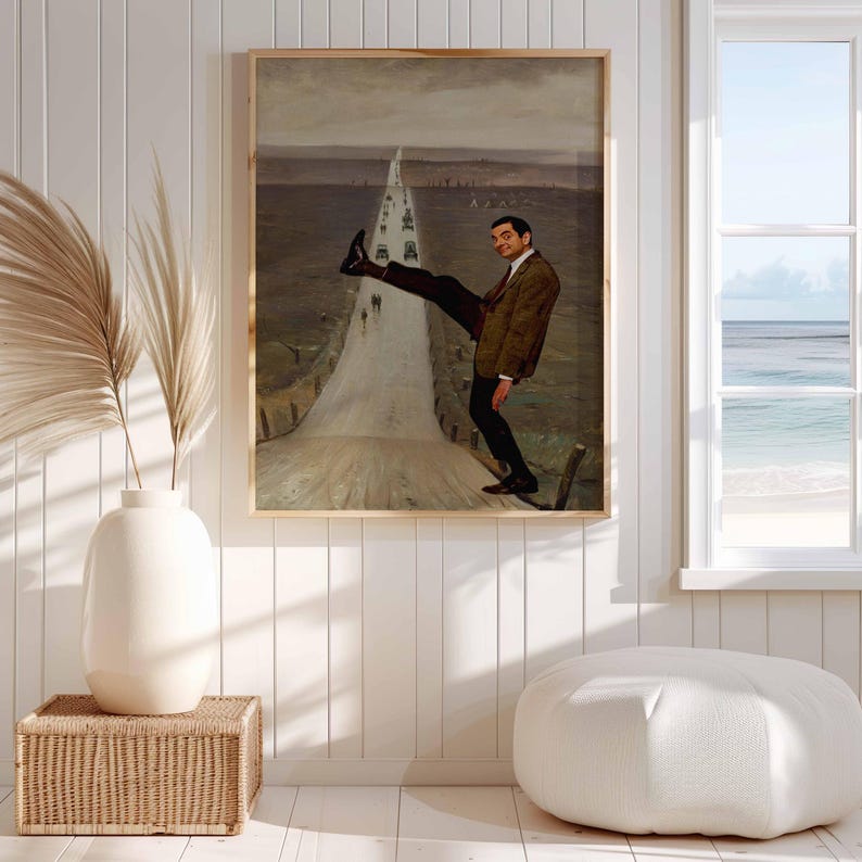 May include: A framed wall art print featuring a surreal composition of a man in a brown suit and white shirt, captured in a dynamic pose with one leg raised, superimposed over a muted landscape painting of a long, straight road stretching into the distance.
