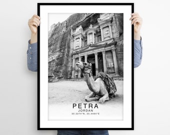 Petra Travel Poster, Petra Poster, Petra Wall Art Decor, Petra Black White Coordinates, Petra Jordan Wall Art Print, Camel Print, Camel Art