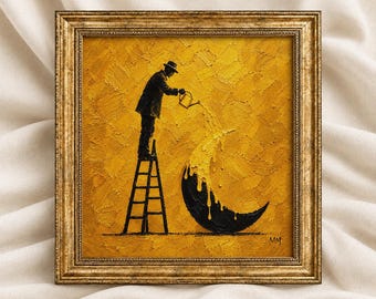 Surreal Moon Wall Art, Golden Crescent Painting, Celestial Decor, Mystical Abstract Artwork, Eclectic Print