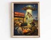 Mid-century Landscape Funny Altered Print UFO Cow Wall Art Eclectic Alien Abduction