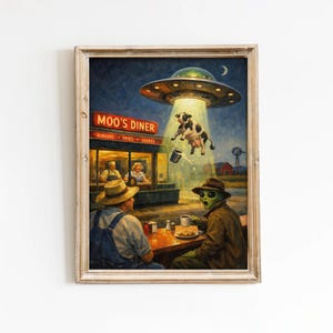 Paisaje de mediados de siglo, impresión divertida alterada, arte de pared de vaca OVNI, abducción extraterrestre ecléctica