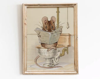 Whimsical Mouse Reading Print – Funny Guest Bathroom Wall Art, Vintage Style Poster