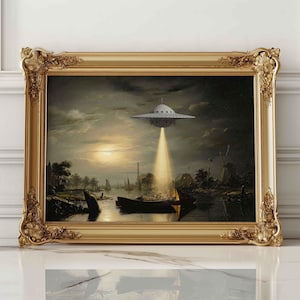 Ufo Prints Wall Art, Vintage Landscape, Antique Ufo Painting, Eclectic Print, Alien Abduction Ufo Art Prints, Ufo Posters, Altered Art Print