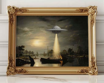 May include: A vintage-style painting in a gold frame depicts a Dutch canal scene at sunset with a flying saucer hovering above the water. The saucer is emitting a beam of light down to the water.