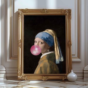 Peinture portrait de retouche, impression vintage retouchée, art mural rigolo, art chewing-gum, fille à la boucle d'oreille de perle, tableau célèbre, friperie