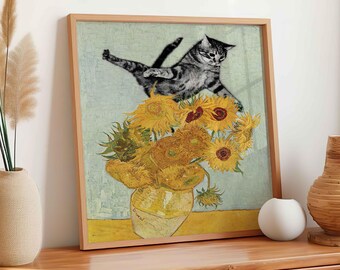 面白い猫のゴッホひまわりパロディプリント：改変された壁掛けアート