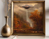 UFO Abduction Art Print: Rustic Fall Landscape, Altered Vintage Painting