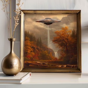 Quadratischer Druck UFO Rustikale Herbstlandschaft, lustige veränderte Kunst, Eklektischer Druck, Entführung durch Außerirdische, veränderte Wandkunst Vintage Herbst Poster