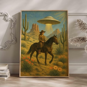 Stampa artistica di cowgirl, arte murale estetica western, poster moderno del deserto, arredamento rustico, dipinto in stile fattoria alla moda, arte editoriale
