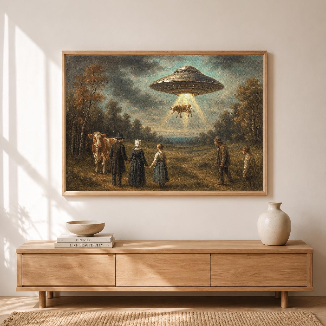 ビクトリア朝時代のUFO牛誘拐プリント：面白いシュールレアリストの