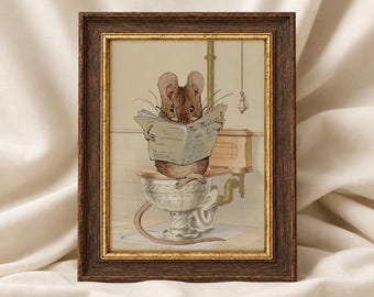 May include: A framed illustration of a brown mouse wearing glasses and sitting on a white toilet while reading a newspaper titled The Tailor and Cutter. The frame is dark brown wood with a thin gold inner border, surrounding the detailed artwork.