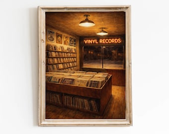 Arte de pared de tienda de discos de vinilo retro, póster de música vintage, impresión de tienda de discos, decoración nostálgica