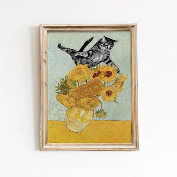 Funny Cat Art Print: Van Gogh Sunflowers Still Life Poster