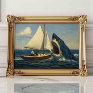 Arte mural de tiburón, pintura reinventada de un meme de pez grande de terror peculiar, póster gótico vintage, escena oceánica aterradora, decoración oscura para el hogar, paisaje marino
