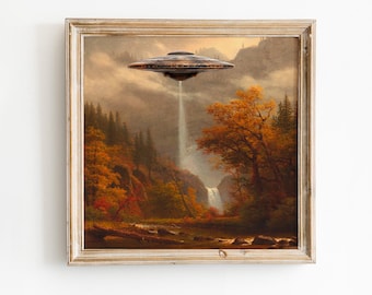 UFO Abduction Art Print: Rustic Fall Landscape, Altered Vintage Painting