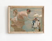 Funny Altered Art Vintage Painting, Antique Pink Print, Rustic Movie Poster, Collage Wall Art