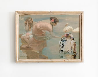 Funny Altered Art Vintage Painting, Antique Pink Print, Rustic Movie Poster, Collage Wall Art
