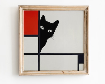 Funny Black Cat Art Print, Mondrian Style Geometric Modern Wall Decor Poster
