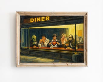 Edward Hopper Nighthawks Parody Wall Art, Funny Quirky Bar Scene Poster Print, Modern Decor