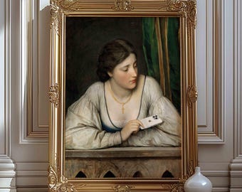 Woman at a Window Wall Art, Altered Vintage Portrait Painting, Funny Phone Poster