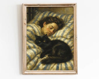ヴィンテージの猫と女性のアートプリント、ストライプ柄の装飾