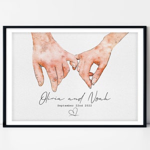 Personalised Valentines Day Art Print | Holding Hands | Drawing Couple Hands | Lover&#39;s Hands | Hand Poster | Custom Watercolor Couple Art