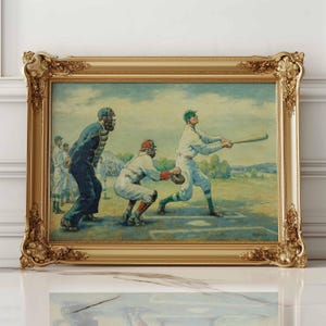 Vintage Painting Print with Baseball Players, Vintage Sport Art, Baseball Retro Sport Poster, Baseball Art, Baseball Wall Art, Sport Art