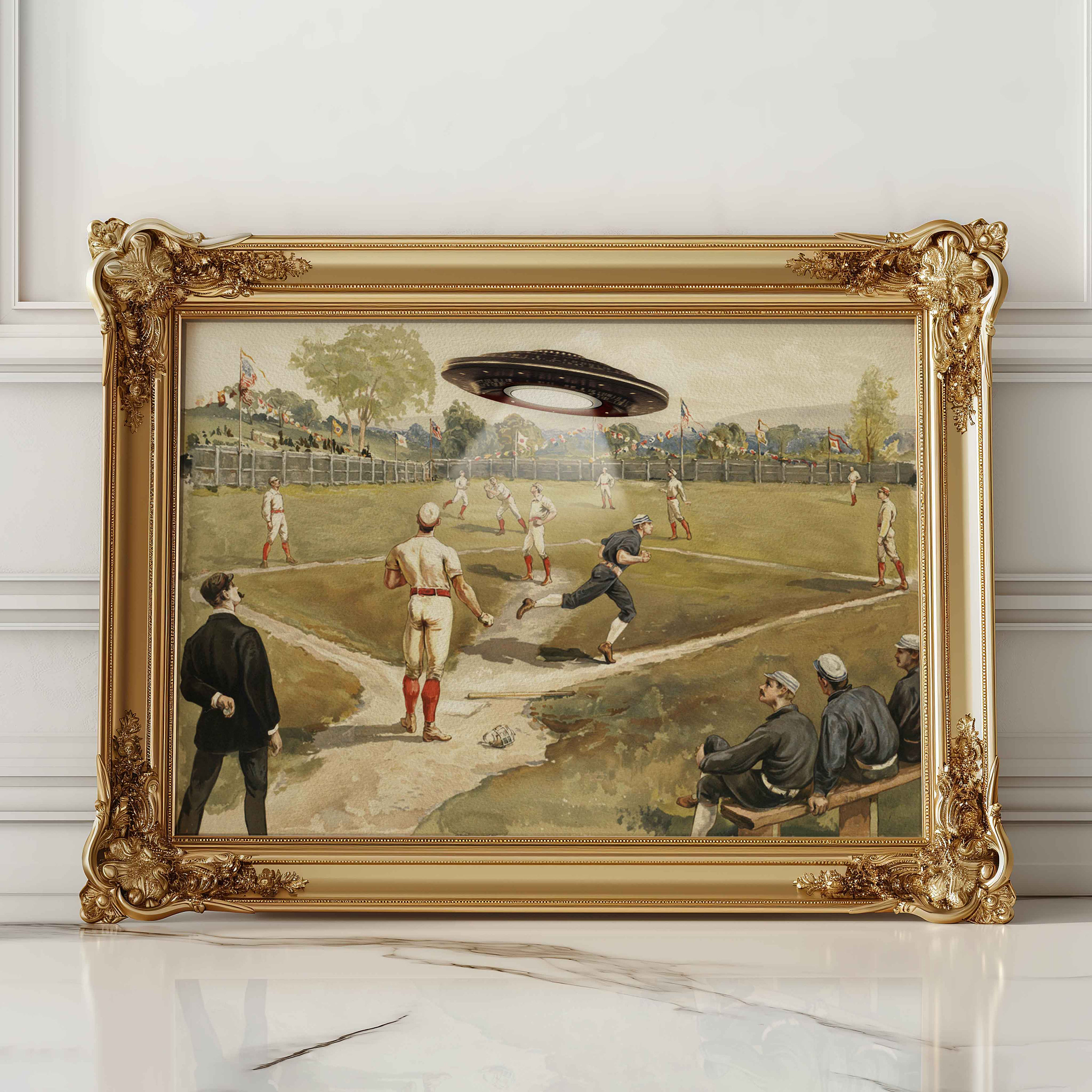 UFO Baseball Vintage Painting, Funny Altered Art Print, Baseball Wall Art, Baseball Alien Print, Abduction Art Prints, Posters, Sport Decor